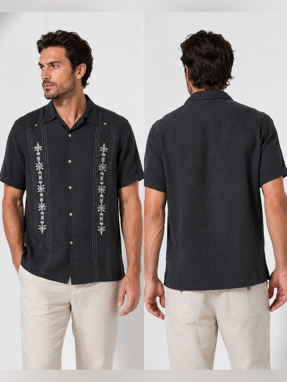 Modern Images Men's Hawaiian Shirt Black Embroidered Short Sleeve Buttoned Sz L